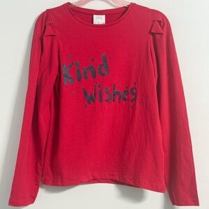 Zara NWT Girls Red “Kind Wishes” Long Sleeve Glitter Graphic Tee | Size 8